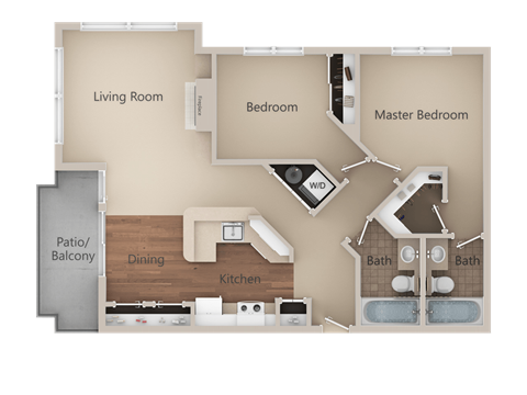 2X2 Floor Plan at Metropolitan Place Apartments, Renton, 98057